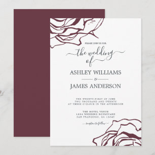 Invitation Chic Script Floral Outline Bourgogne Rose Mariage