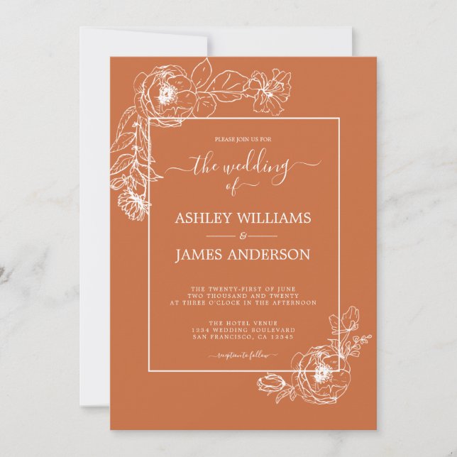 Invitation Chic Script Floral Outline Burning Orange Mariage (Devant)