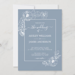 Invitation Chic Script Floral Outline Dusty Blue Mariage