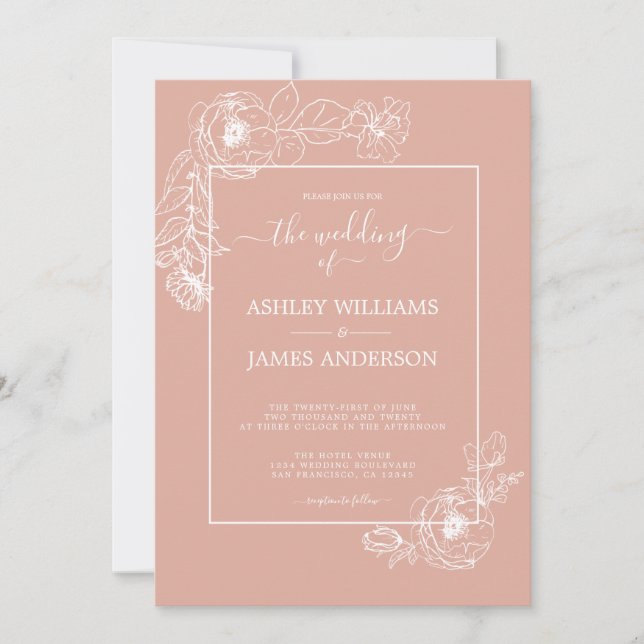 Invitation Chic Script Floral Outline Dusty Mariage rose (Devant)