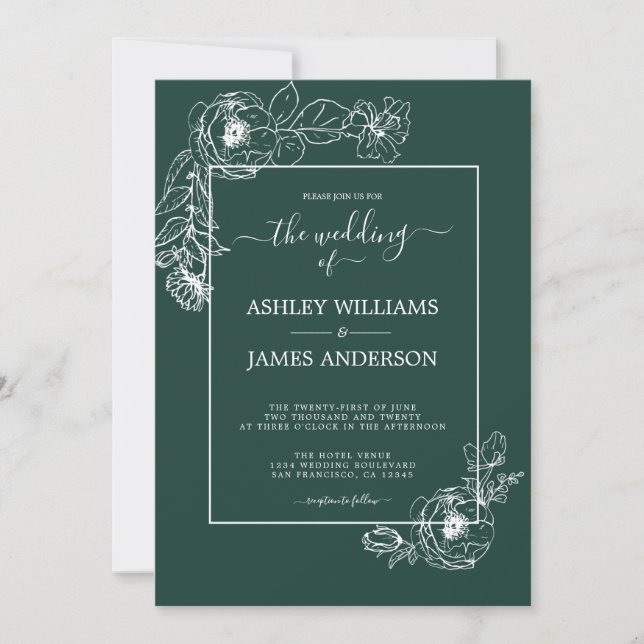 Invitation Chic Script Floral Outline Mariage vert foncé (Devant)
