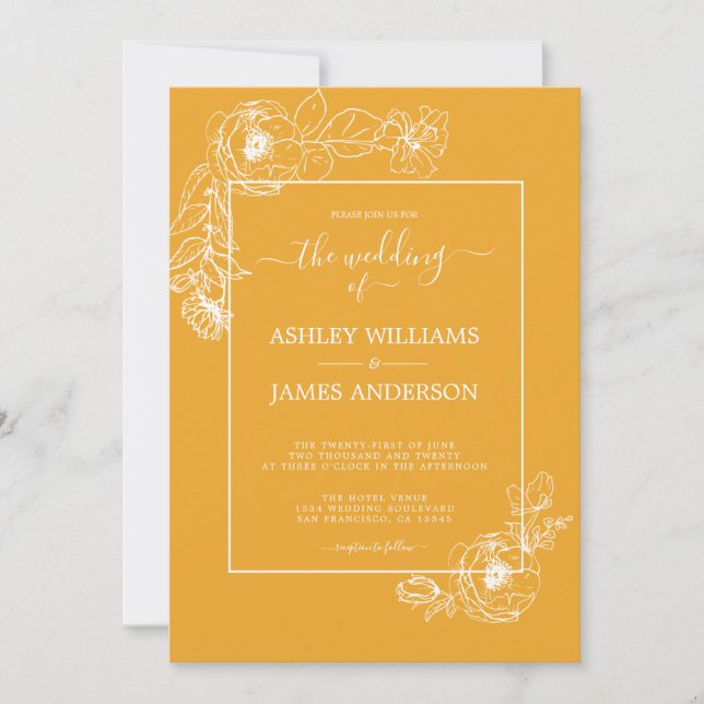 Invitation Chic Script Floral Outline Mellow Jaune Mariage (Devant)