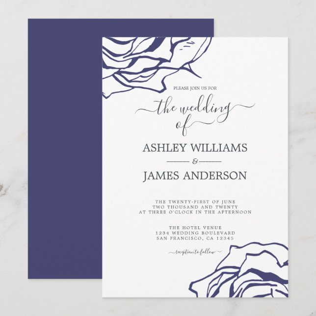 Invitation Chic Script Floral Outline Navy Rose bleu Mariage (Devant / Derrière)