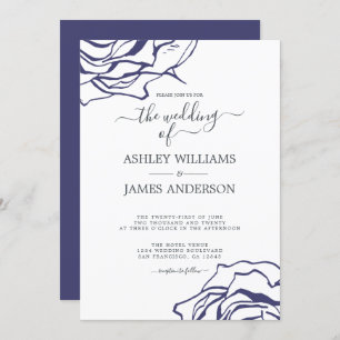 Invitation Chic Script Floral Outline Navy Rose bleu Mariage