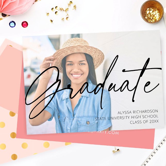 Invitation Chic Script H Photo Graduation Party Rose (Créateur téléchargé)