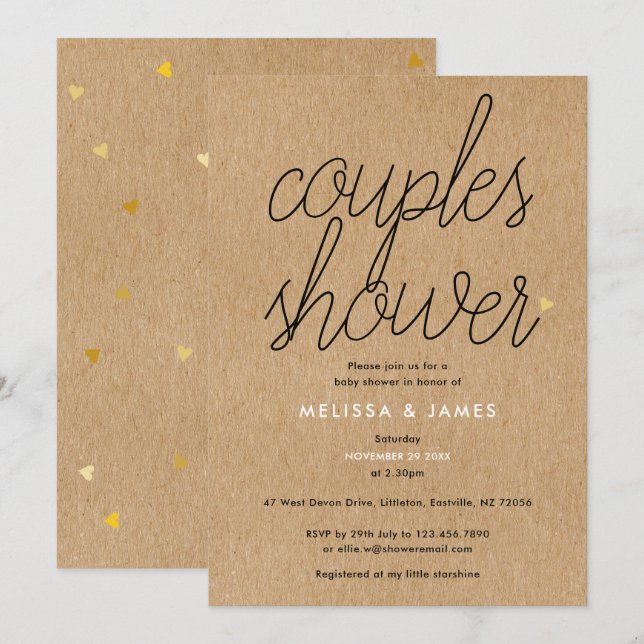 Invitation Chic Script Kraft Gold Hearts Couples Baby shower (Devant / Derrière)