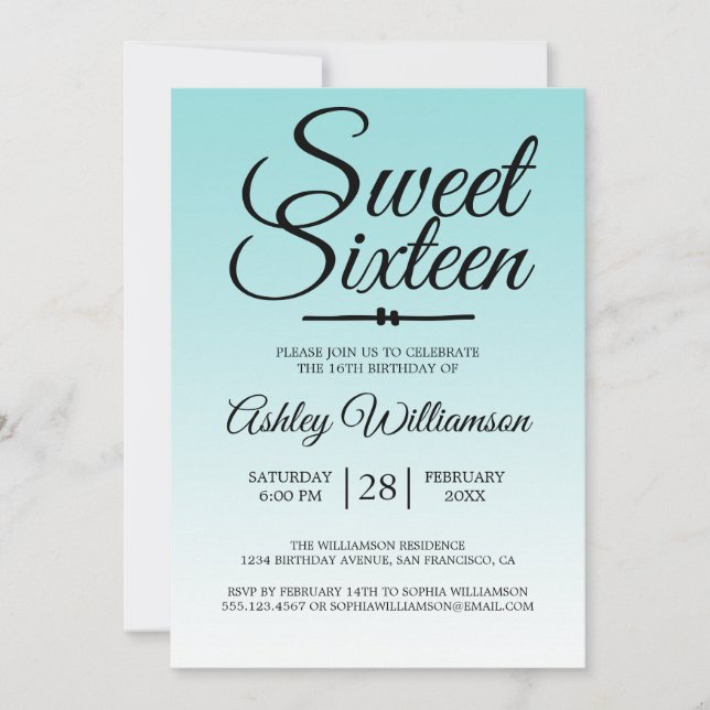 Invitation Chic Sea Shell Blue Ombre Sweet 16 16e anniversair (Devant)