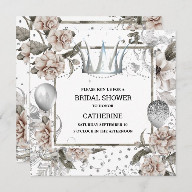 Invitation Chic Shabby couronne argent parties scintillant ro (Devant / Derrière)