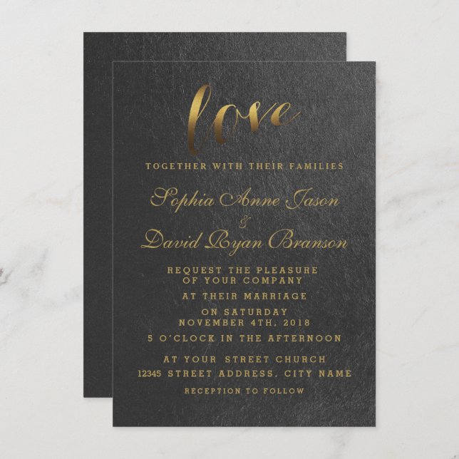 Invitation Chic Shining Gold Foil Love Black Wedding Invitati (Devant / Derrière)