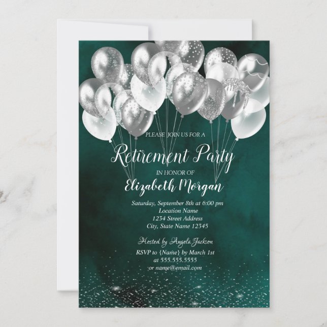 Invitation Chic Silver Balloons Confetti Retraite verte (Devant)