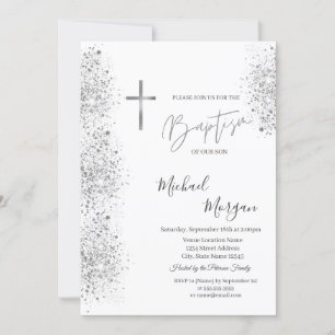 Invitation Chic Silver Cross Baptism Parties scintillant Arge