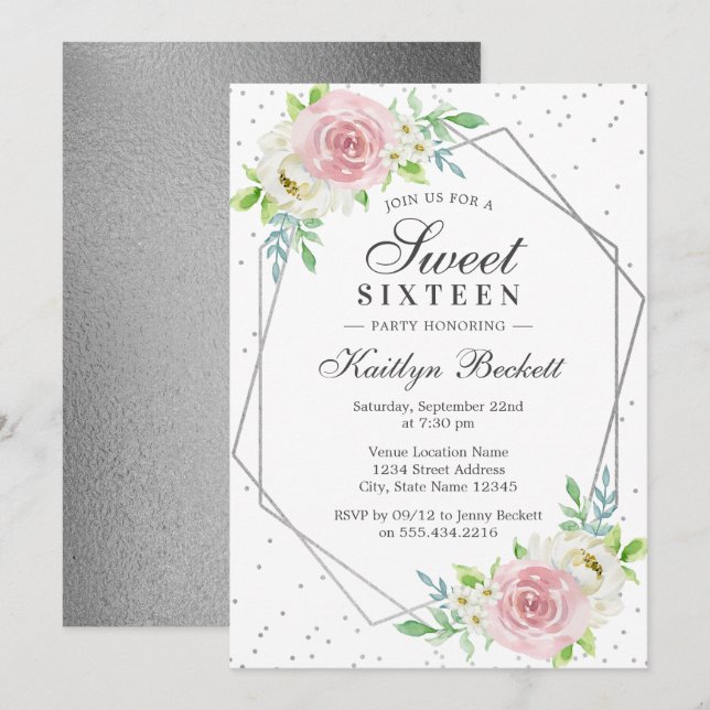 Invitation Chic Silver Foil Floral Sweet 16 Anniversaire (Devant / Derrière)