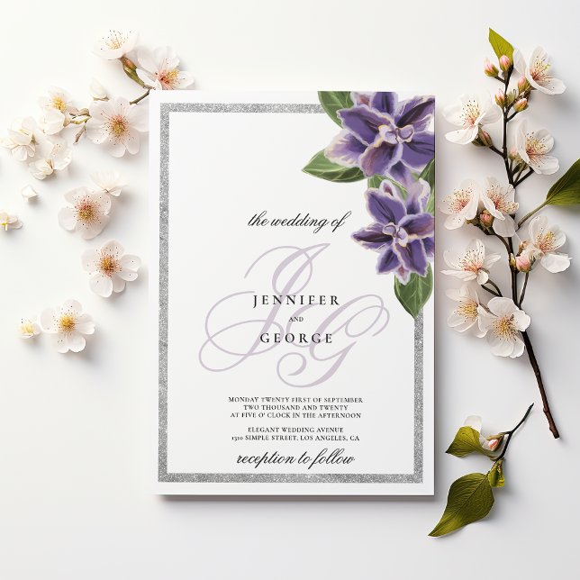 Invitation Chic silver glitter purple lavender orchid wedding (Chic silver glitter purple lavender orchid)
