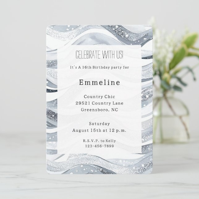 Invitation Chic Silver Waves Anniversaire (Debout devant)