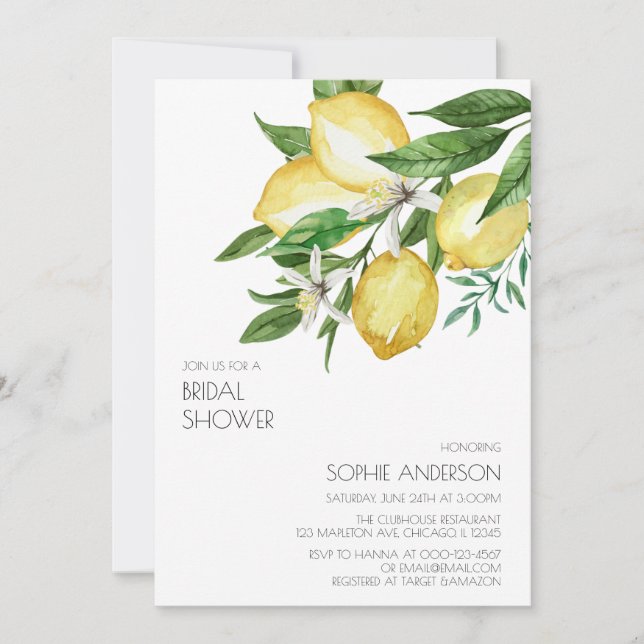 Invitation Chic simple aquarelle Citron Citrus Fête des marié (Devant)
