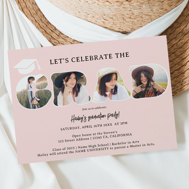Invitation Chic Simple blush rose 3 photos graduation script (Créateur téléchargé)