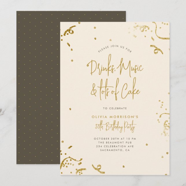 Invitation Chic Simple Confettis Pailletés Or 30 ans Annivers (Devant / Derrière)