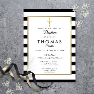 Invitation Chic Simple Croix Dorée Baptême Christening