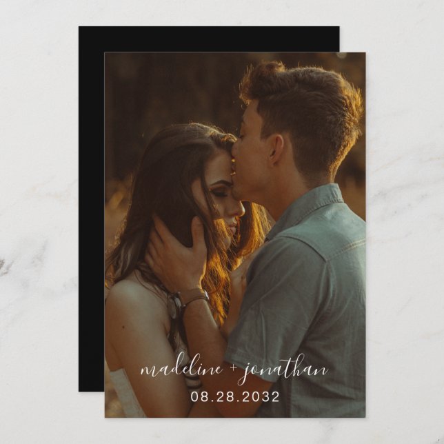 Invitation Chic Simple Élégant Script Mariage photo noir (Devant / Derrière)