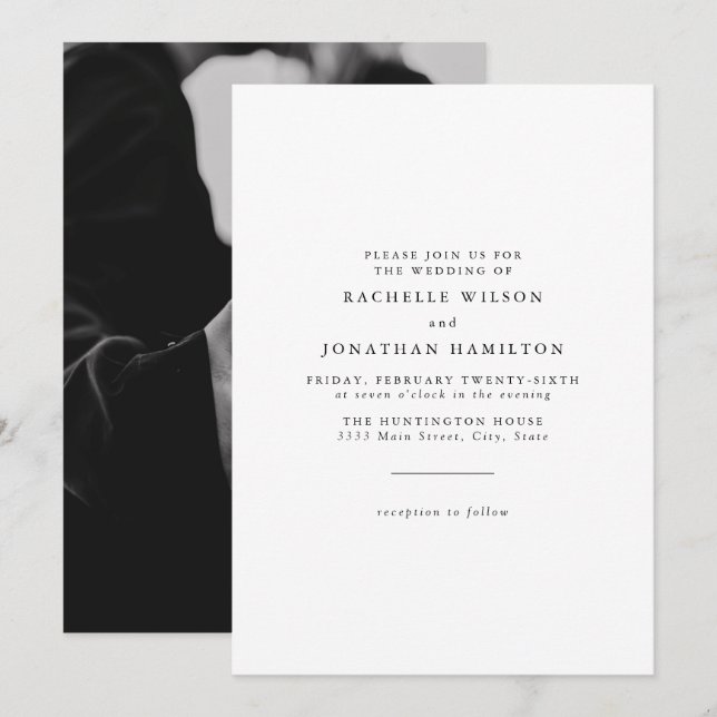 Invitation Chic simple photo noir blanc Mariage Monogramme (Devant / Derrière)