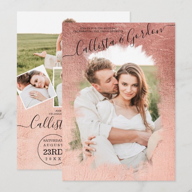 Invitation Chic Simple Rose Gold Script Photo Collage Mariage (Devant / Derrière)