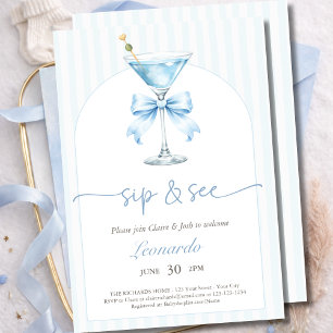 Invitation Chic Sip and See Rayures Bleu Poussiéreux Bébé Arc