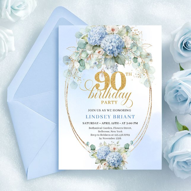 Invitation Chic Soft Blue Floral Eucalyptus 90th Birthday (Chic Soft Blue Floral Eucalyptus 90th Birthday)