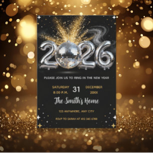 Invitation Chic Soirée du Nouvel An 2026 Or Paillettes Noir