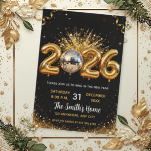 Invitation Chic Soirée du Nouvel An 2026 Or Paillettes Noir