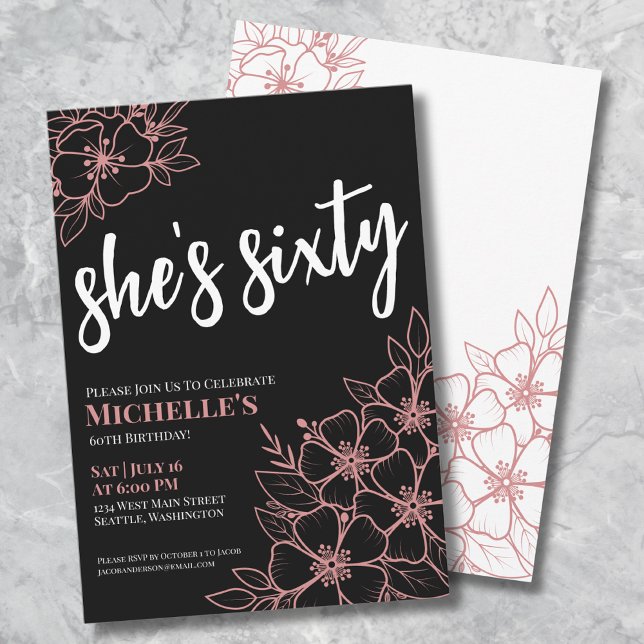 Invitation Chic Soixante Black Rose Gold 60e fête d'anniversa (Chic Sixty Black Rose Gold 60th Birthday Party Invitation)