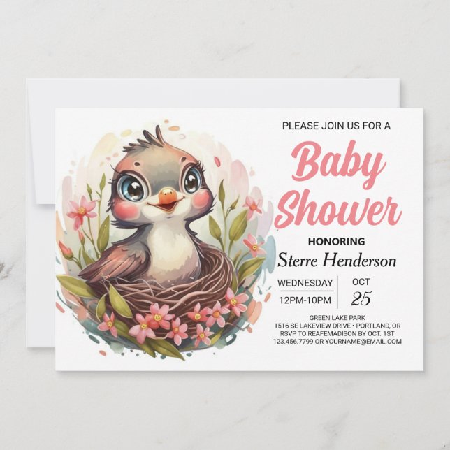 Invitation Chic Songbird Woodland Bird Baby shower (Devant)