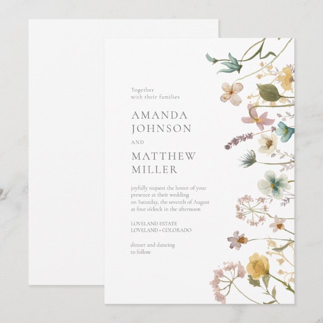 Invitation Chic Spring Delicate Mariage de fleurs pressées (Devant / Derrière)
