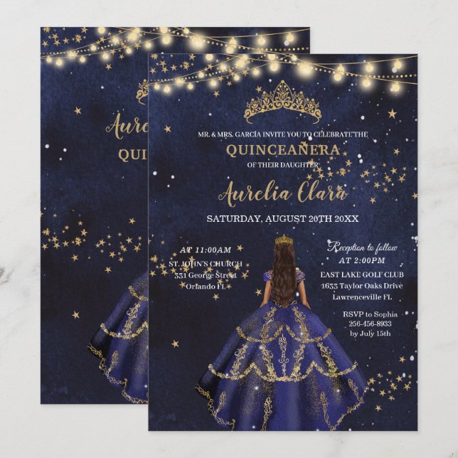 Invitation Chic Starry Night Marine Bleu Robe Or Quinceañera (Devant / Derrière)