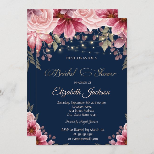 Invitation Chic String éclaire Floral Navy Blue Fête des mari (Devant / Derrière)