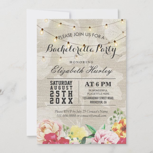 Invitation Chic String Lights Linen Floral Bachelorette Party (Devant)