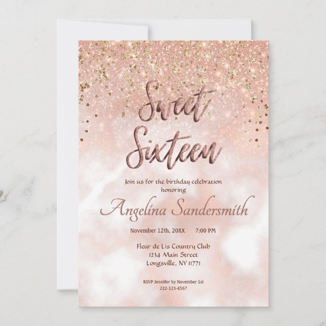 Invitation Chic Sweet 16 Blush Rose Rose Parties scintillant  (Devant)