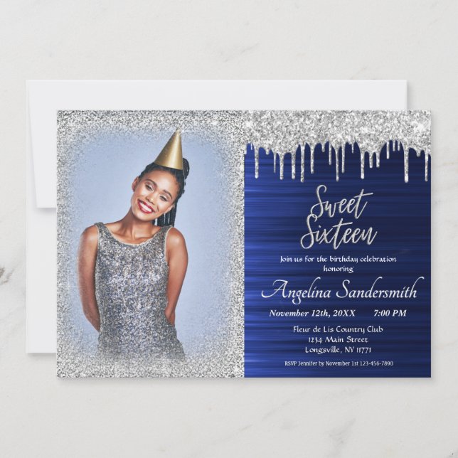 Invitation Chic Sweet 16 Parties scintillant Bleu Argent Étin (Devant)
