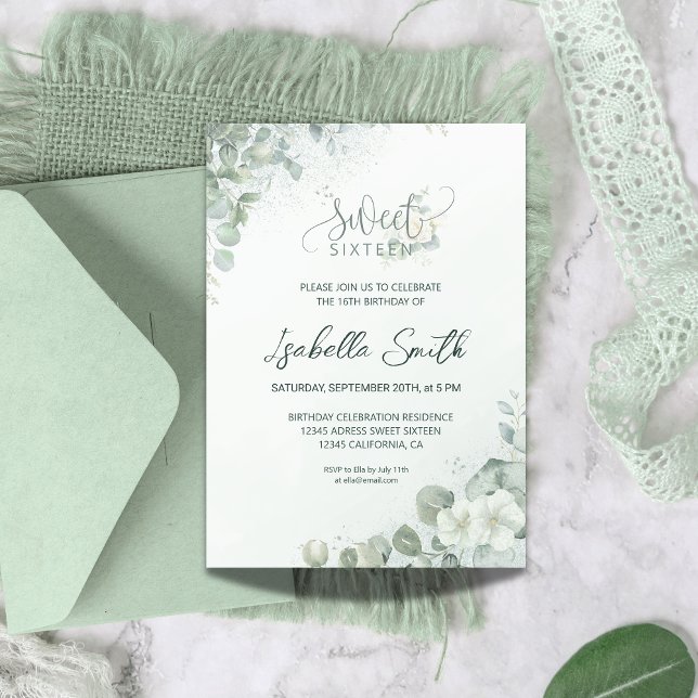 Invitation Chic Sweet 16 Rose Botanical Greenery Anniversaire (Créateur téléchargé)