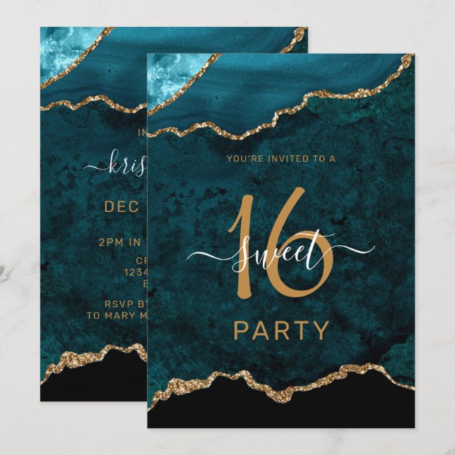 Invitation Chic Sweet sixteen Turquoise Gold Agate Party (Devant / Derrière)