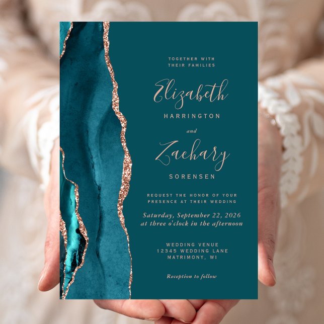 Invitation Chic Teal Rose Gold Agate Wedding (Créateur téléchargé)