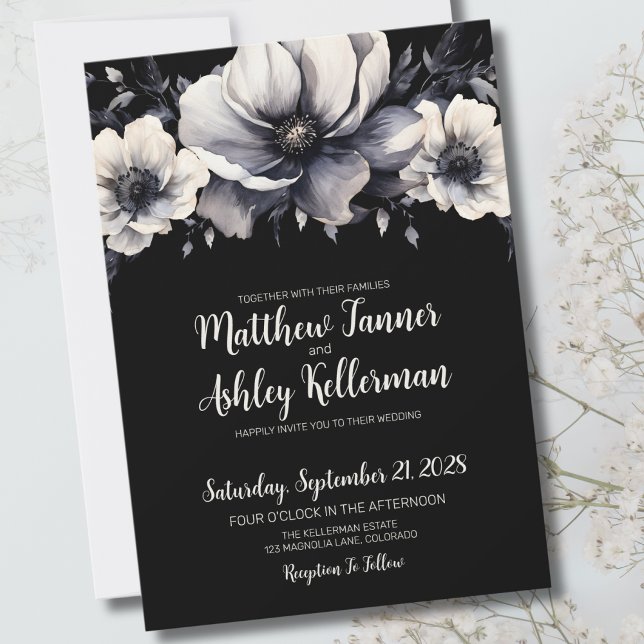 Invitation Chic tendance moderne noir Mariage Floral (Chic Trendy Modern Black White Floral Wedding Invitation)