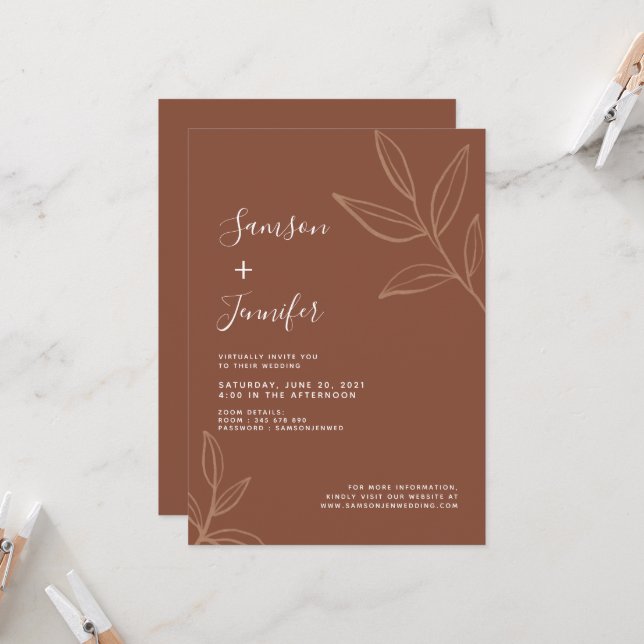 Invitation Chic Terracotta avec Mariage virtuel Boho Feuille (Devant/Arrière en situation)