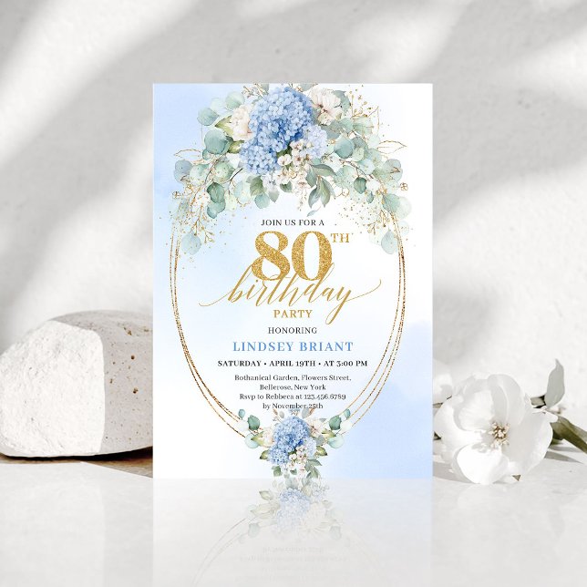 Invitation Chic Timeless Blue Hydrangea Floral 80th Birthday (Chic Timeless Blue Hydrangea Floral 80th Birthday Invitation )