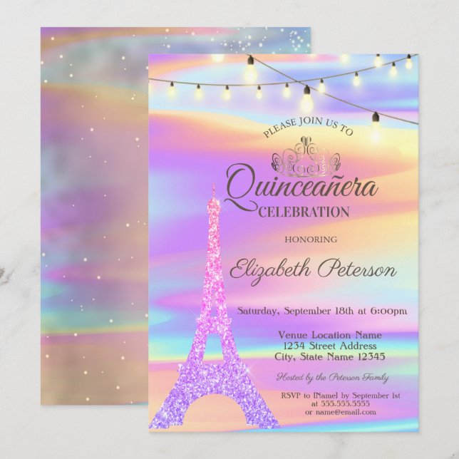 Invitation Chic Tour Eiffel pailleté holographique Quinceañer (Devant / Derrière)