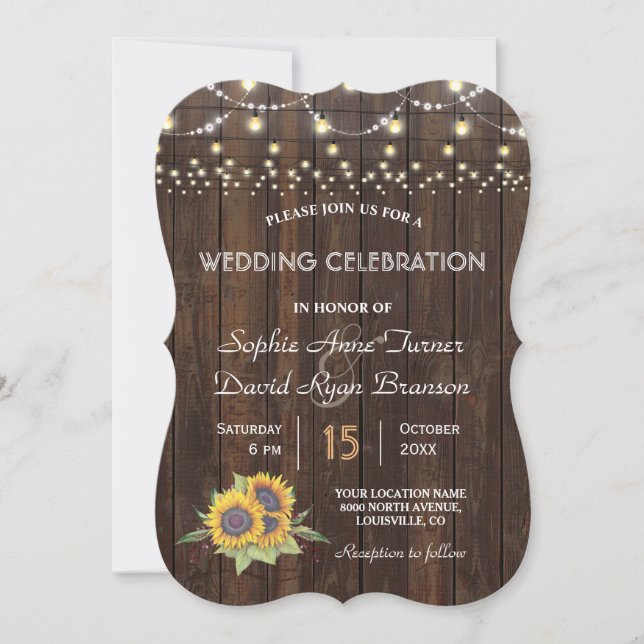 Invitation Chic Tournesol Chaîne Lumières Vieux Mariage En Bo (Devant)