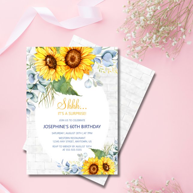 Invitation Chic Tournesol Mur brique Floral Surprise Annivers (Créateur téléchargé)