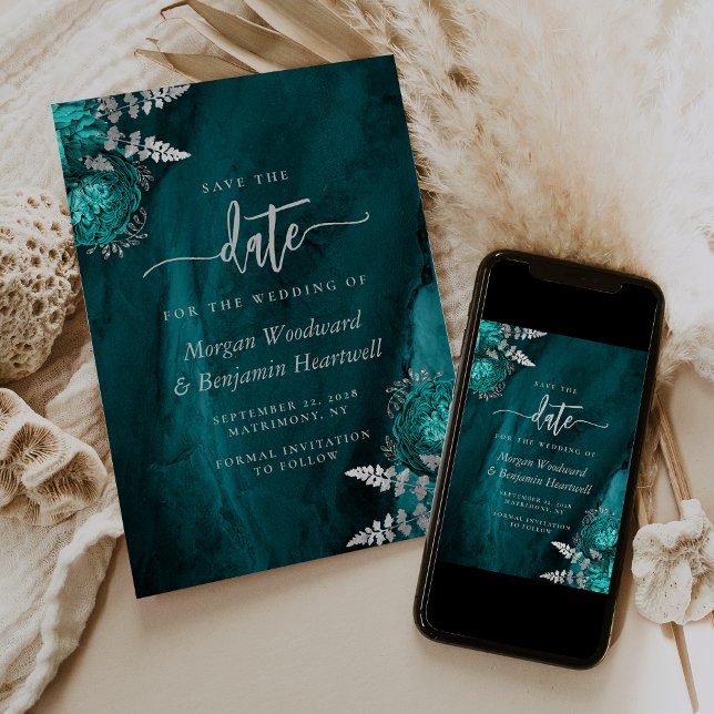 Invitation Chic Turquoise Blue Silver Floral Wedding Enregist (Créateur téléchargé)