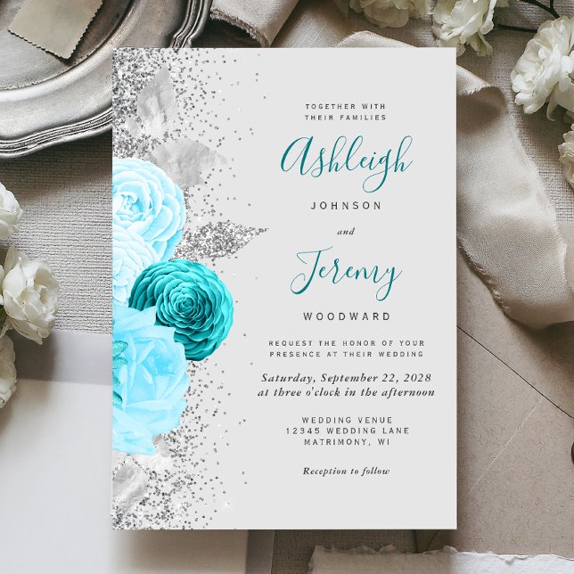 Invitation Chic Turquoise Floral Parties scintillant gris Mar (Créateur téléchargé)