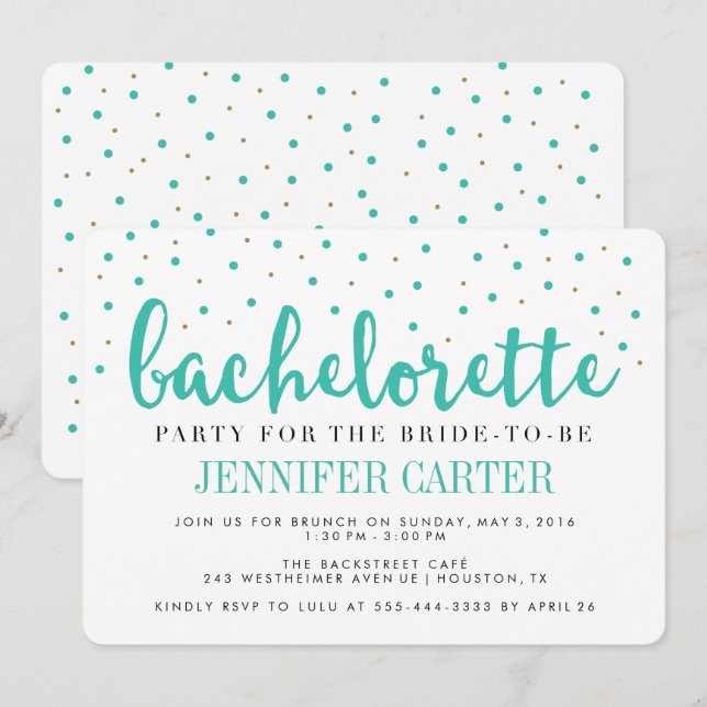 Invitation Chic Turquoise Gold Dots Bachelorette Party Invita (Devant / Derrière)