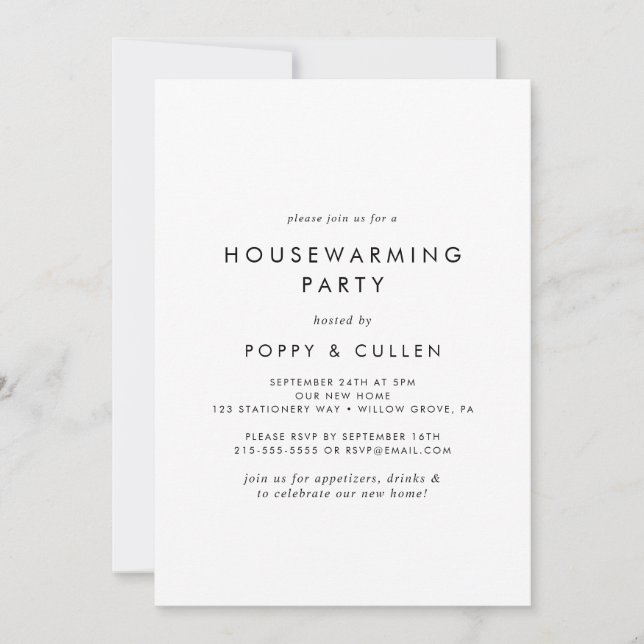 Invitation Chic Typographie Fête de réchauffement du foyer (Devant)
